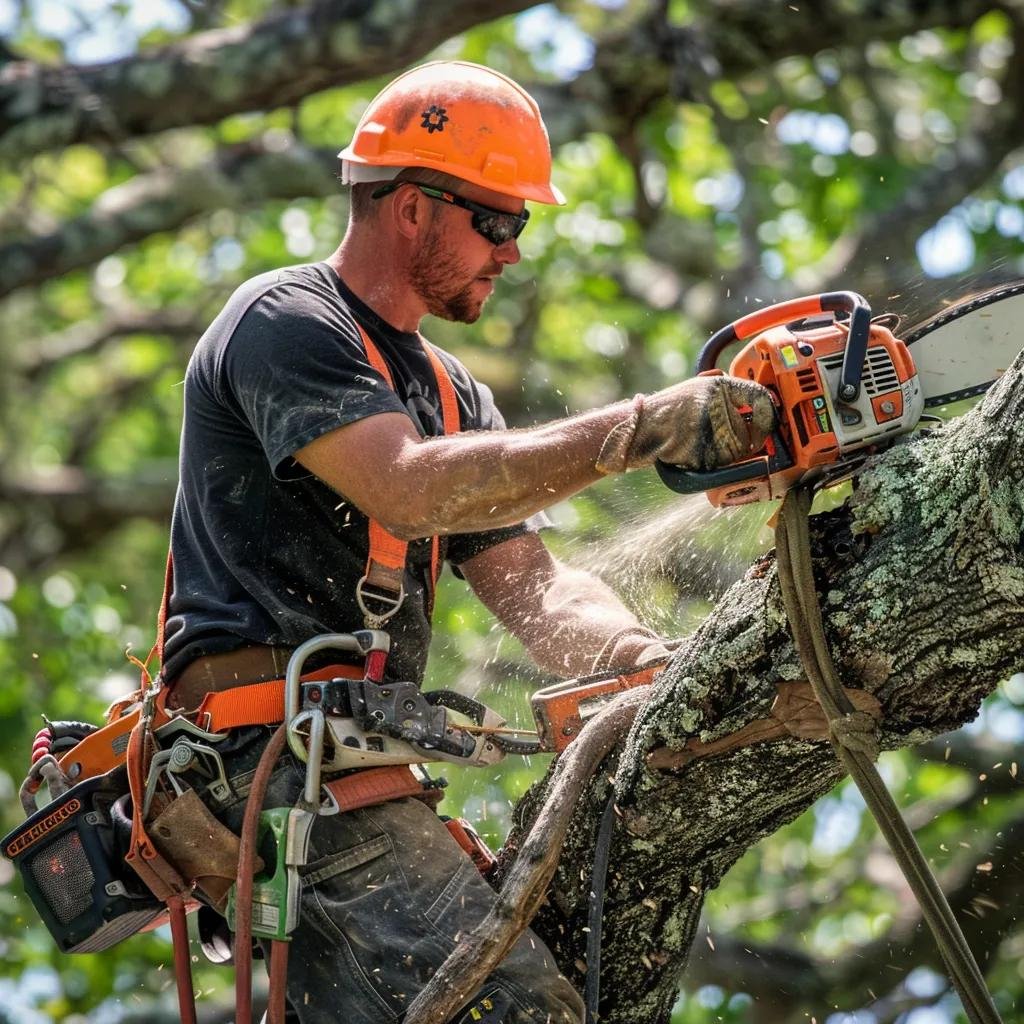 Professional arborist removing a tree branch in New Smyrna Beach, highlighting expert tree services